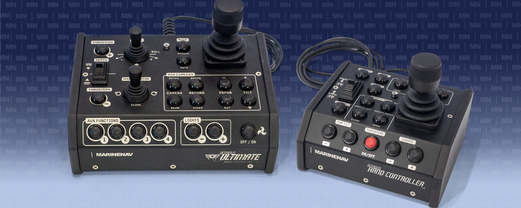 From left: Oceanus Handcontroller (v2.1) developed for the Oceanus Mini and Pro, Oceanus Ultimate Handcontroller (v4) developed for use with the Oceanus Ultimate, and the Oceanus Handcontroller (v3). An optional upgrade available for use with the Oceanus Mini and Pro ROV systems