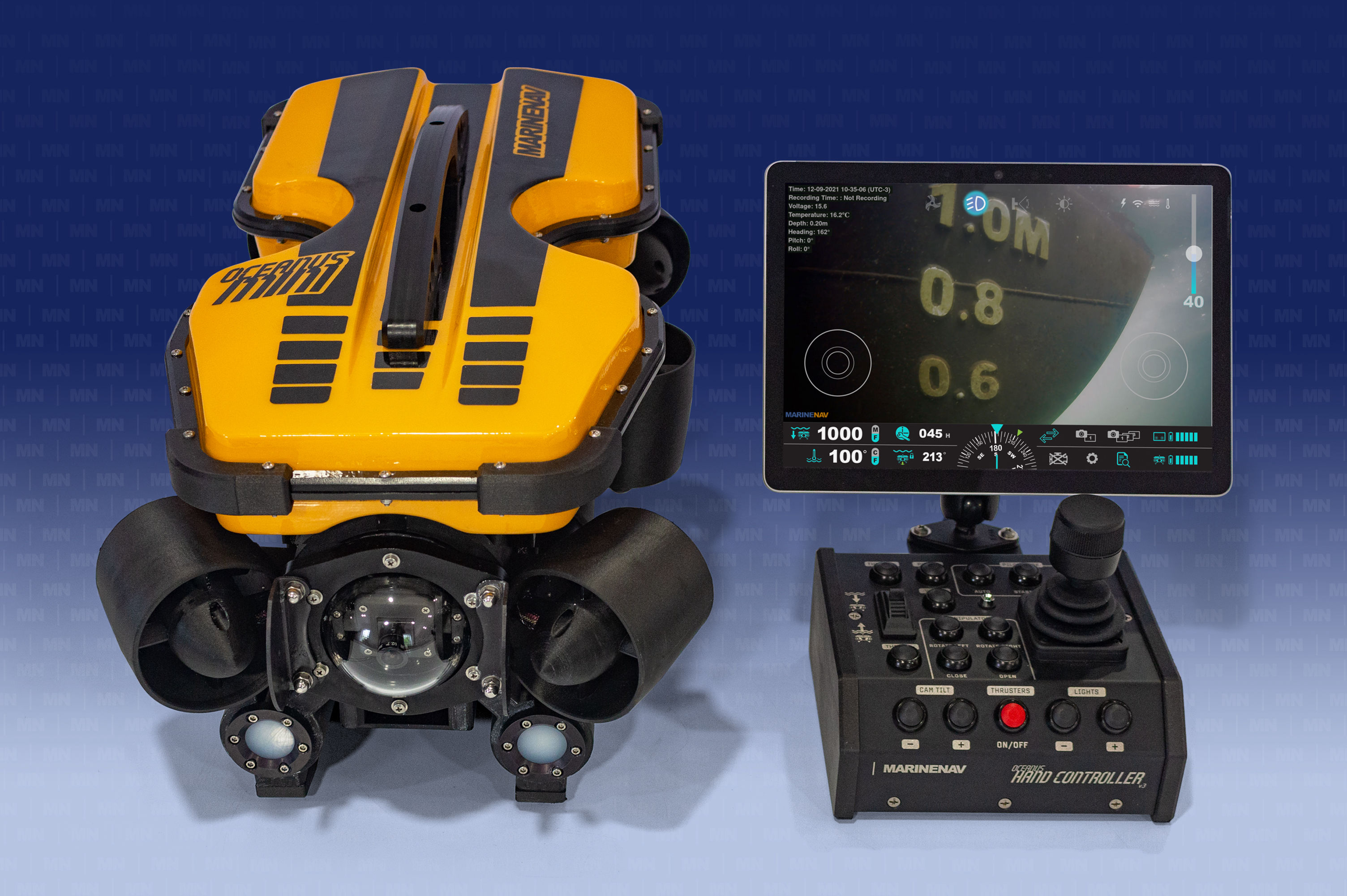 Responsive ROV hand controllers. Rugged topside ROV control hub. Touch-sensitive software